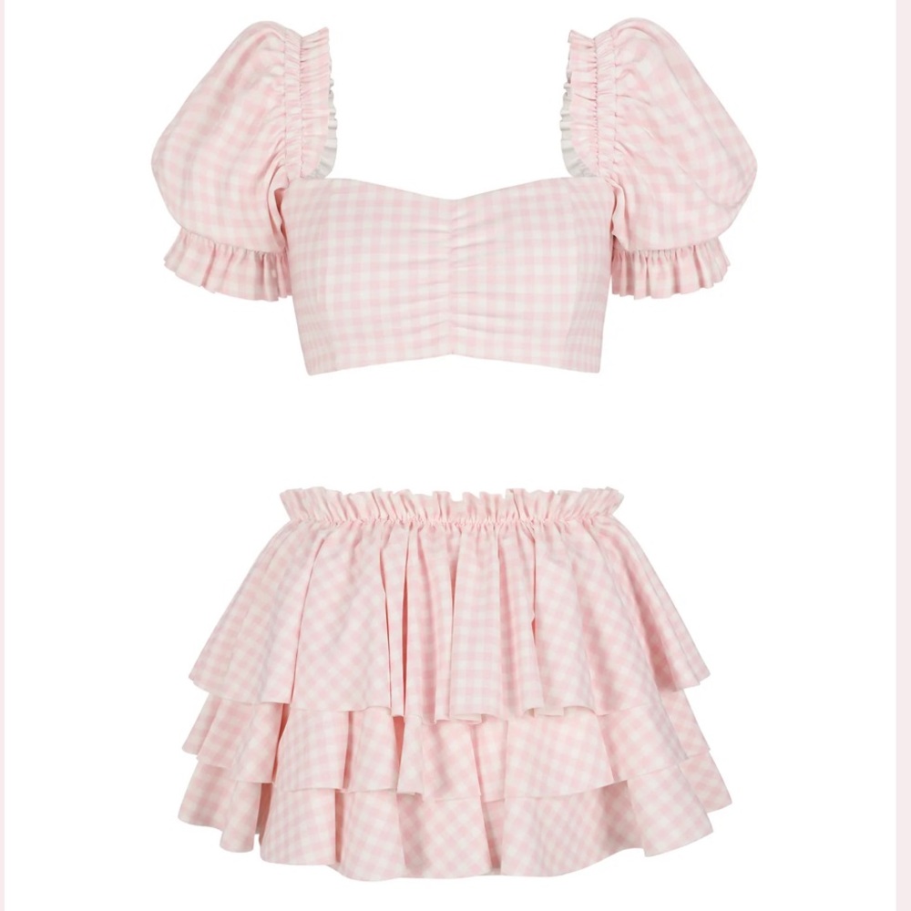 Selkie Swimsuit Swimmers NWT Large Pink Gingham Puff Sleeve Top and Skirt Set